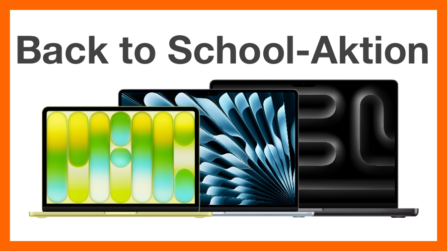 Back-To-School Aktion. Es sind jeweils ein geöffneter Mac Neo, ein MacBook Air und ein MacBook Pro zu sehen